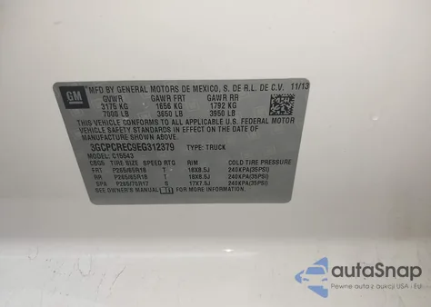 2014 Chevrolet Silverado 1500 1Lt из США, поврежденный, VIN 3GCPCREC9EG312379